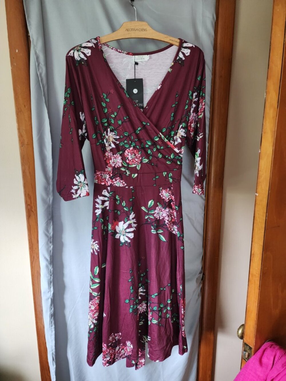 Pinup Fashion Burgundy Floral Faux Wrap Midi Dress Size 14 NWT